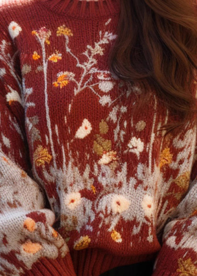Jacquard Red O-neck Cozy Loose Knit Sweater Winter