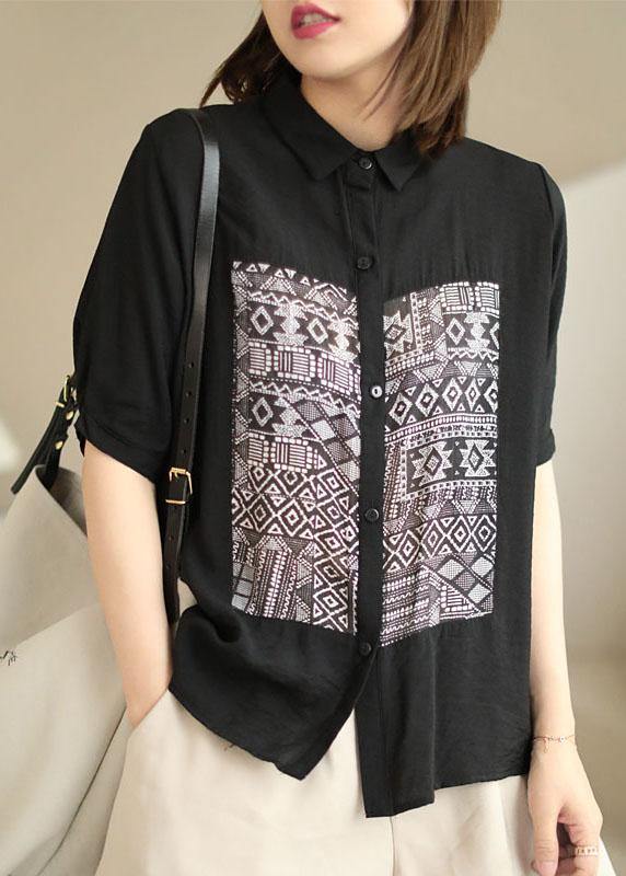 Classy Black Peterpan Collar Button Patchwork Fall Half Sleeve Shirt Top
