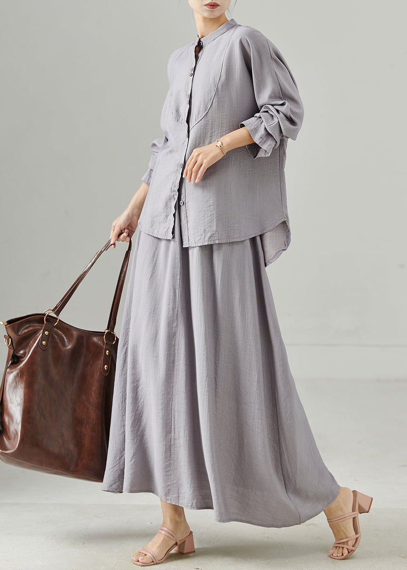 Grey Stand Collar Cotton Tops and Skirts Two Pieces Set Fall