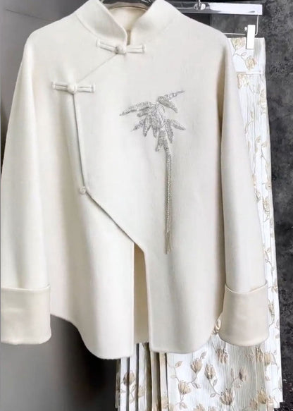 Chinese Style White Stand Collar Embroideried Shirts and Maxi Skirts Two Pieces Set Fall