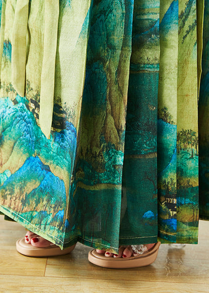 Green High Waist Print Pleated Skirt Fall
