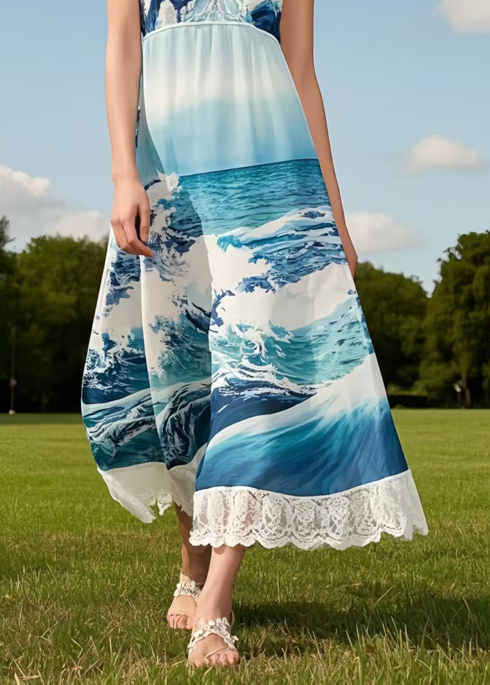 Diy Sea Blue Print Lace Patchwork Chiffon Sundress Summer