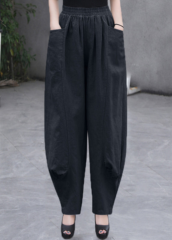 Beige Pockets Elastic Waist Linen Pants Summer