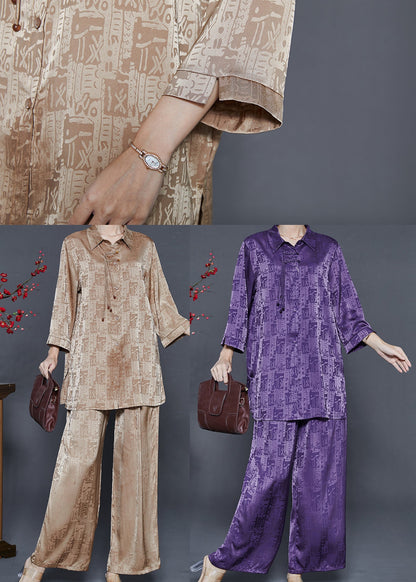 Purple Print Silk Oriental Two-piece Set Tasseled Fall