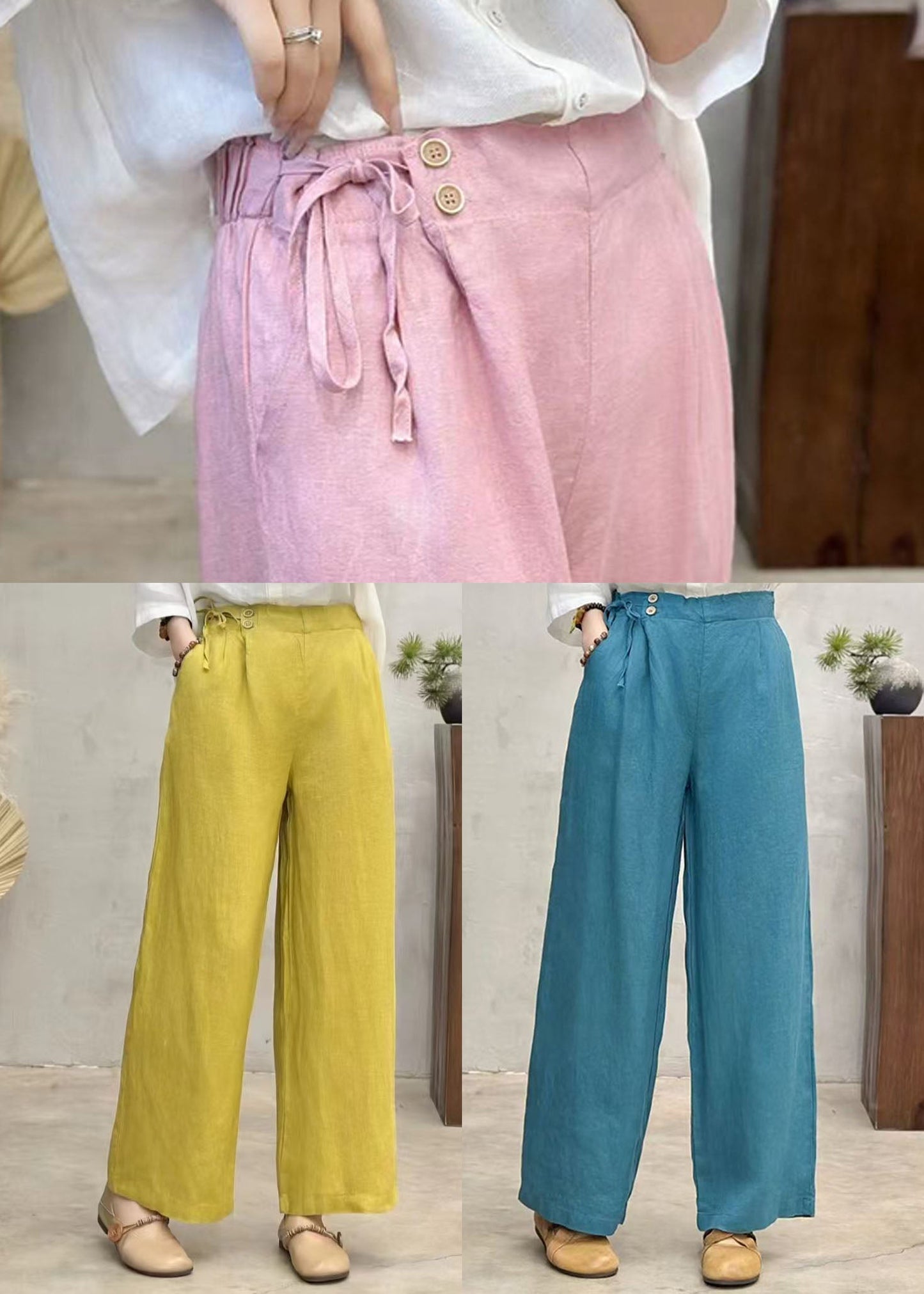 Fitted Yellow Side Tie Waist Linen Straight Pants Summer