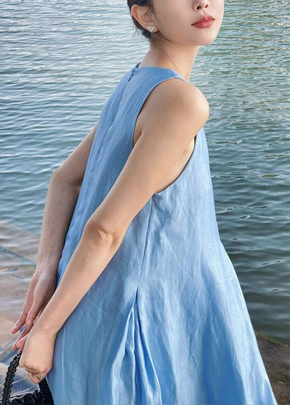 Blue Zip Up Cotton Maxi Dress Sleeveless
