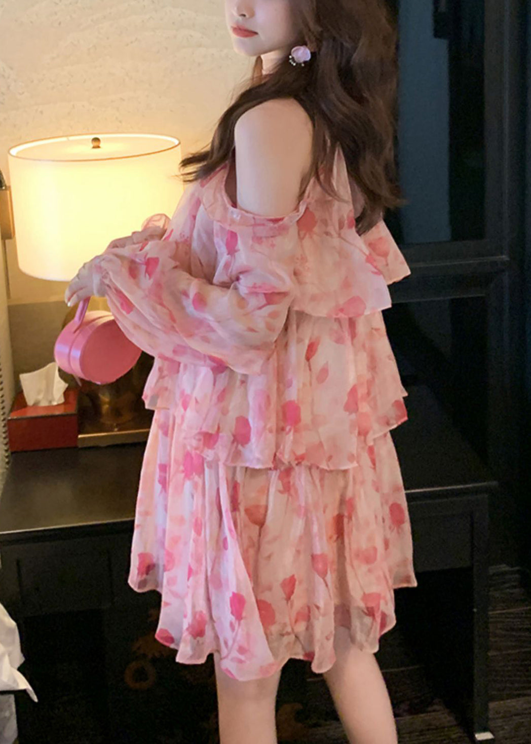 Pink Cold Shoulder Print Chiffon Mid Dress Summer