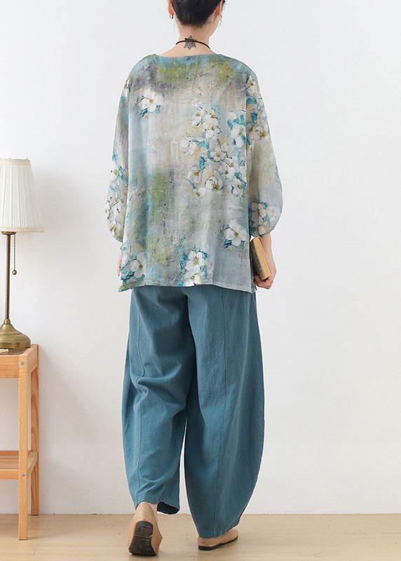 Blue Retro O-neck Fall Blouses Three Quarter Sleeve