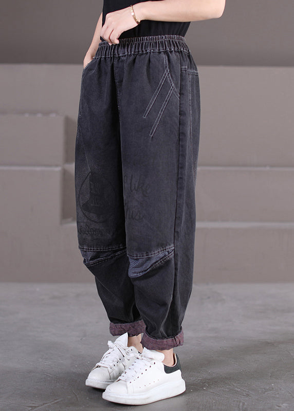 Black Pockets Print Elastic Waist Denim Pants Fall