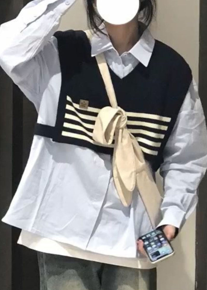 Black Striped Patchwork Knit Shawl and Light Blue Shirt Two Piece Set Long Sleeve