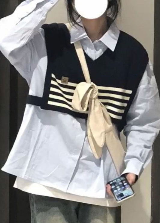 Black Striped Patchwork Knit Shawl and Light Blue Shirt Two Piece Set Long Sleeve