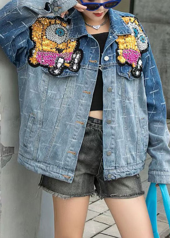 Art Blue Peter Pan Collar Patchwork Button Nail Bead Fall Denim Coat