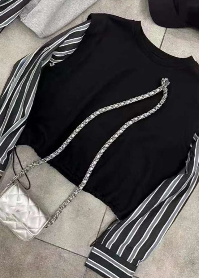 New Grey Fake Two Piece Spliced Stripe Top Autumn