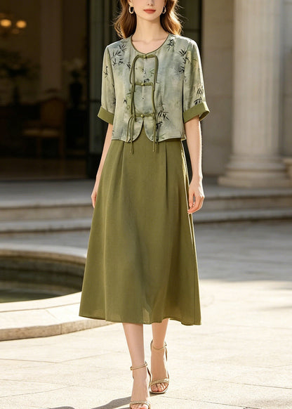 Retro Green Print Chinese Button Silk Dress Two Piece Set Summer