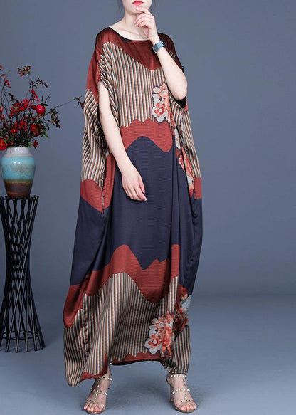Color Block Batwing Sleeve Silk Maxi Dresses Summer Spring
