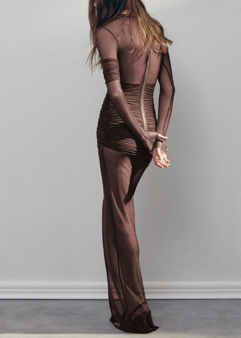 Apricot O-neck Wrinkled Maxi Dresses Spring