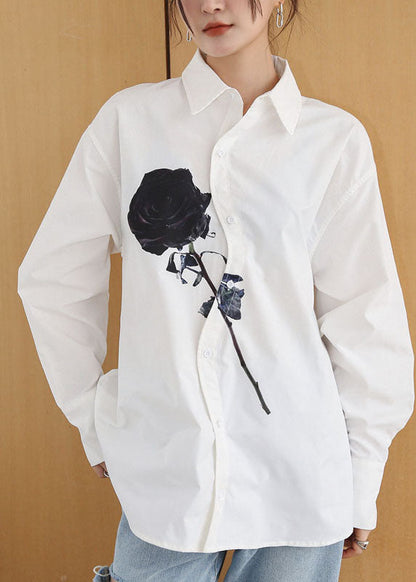 Diy White Peter Pan Collar Rose Print Cotton Shirt Tops Springs