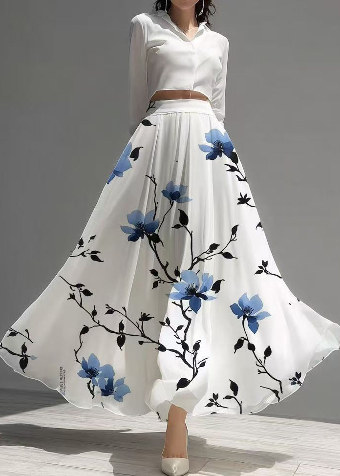 White High Waist Print Chiffon Tea Skirts Summer
