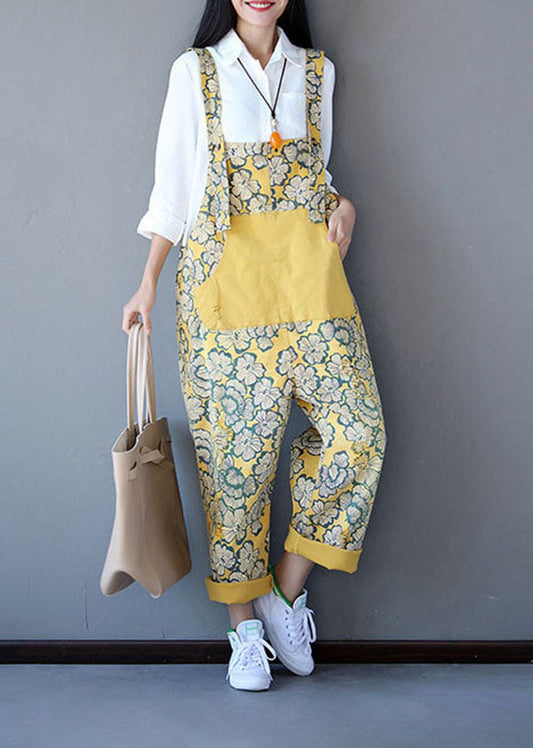 Yellow Patchwork Print Denim Jumpsuit Spring