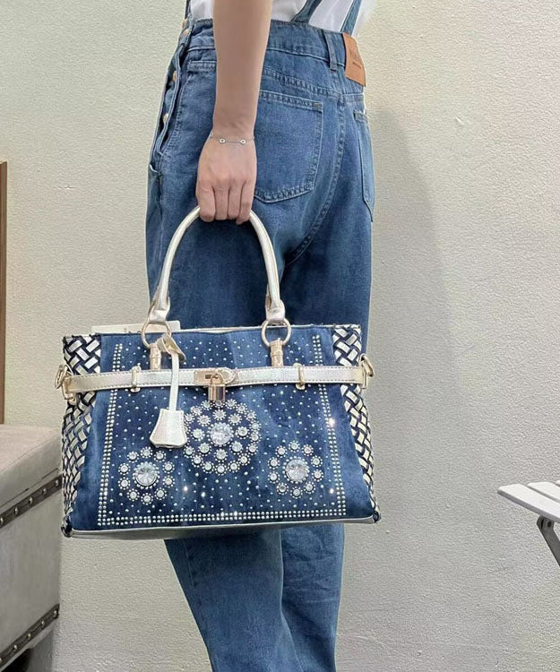 Navy Rhinestone Large Capacity Denim Tote Handbag