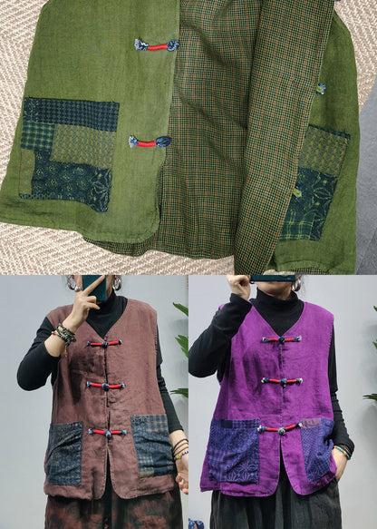 Chocolate Linen Vest Tops Patchwork Pockets Spring