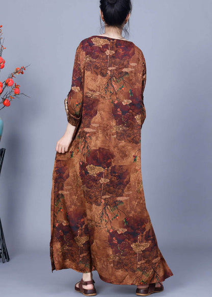 Loose Coffee Button Print Silk Maxi Dresses Bracelet Sleeve