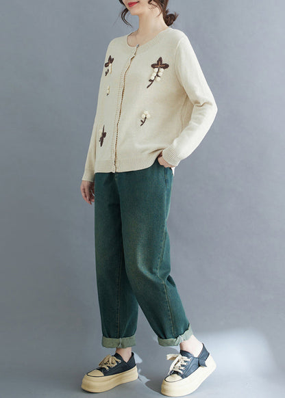 Handmade Beige Embroideried Knit Cardigan Winter