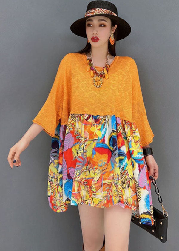 Modern Orange O-neck Patchwork Print Loose Mid Dress Bracelet Sleeve