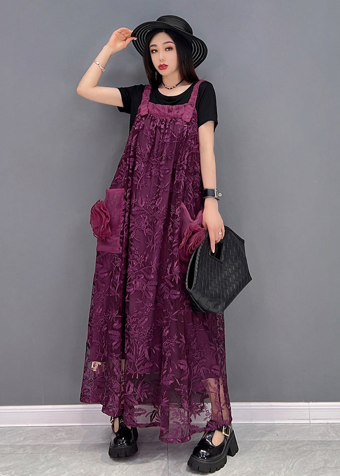 Boutique Purple Big Pockets Patchwork Lace Strap Long Dress Summer