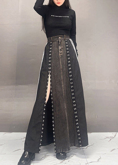 Dark Grey Patchwork Side Open Denim Skirts Fall