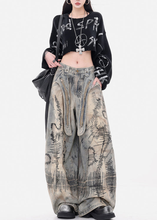 Grey Embroidered Denim Wide Leg Pants Spring