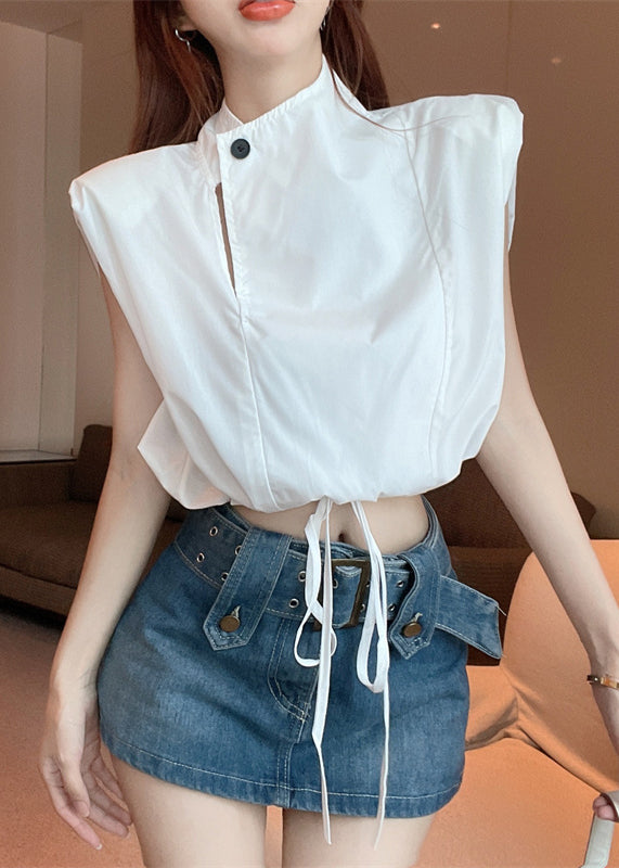 White Stand Collar Drawstring Cotton Blouse Top Sleeveless