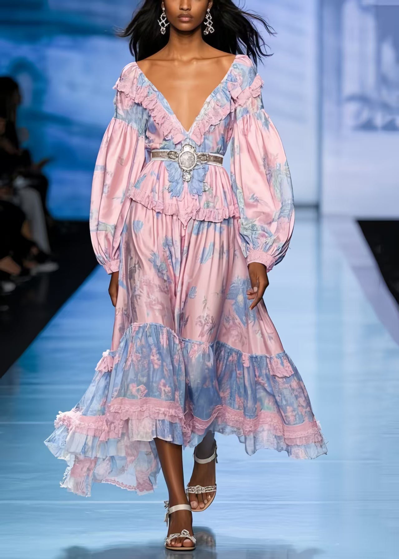 Pink Ruffled Print Silk Tunic Dresses Spring