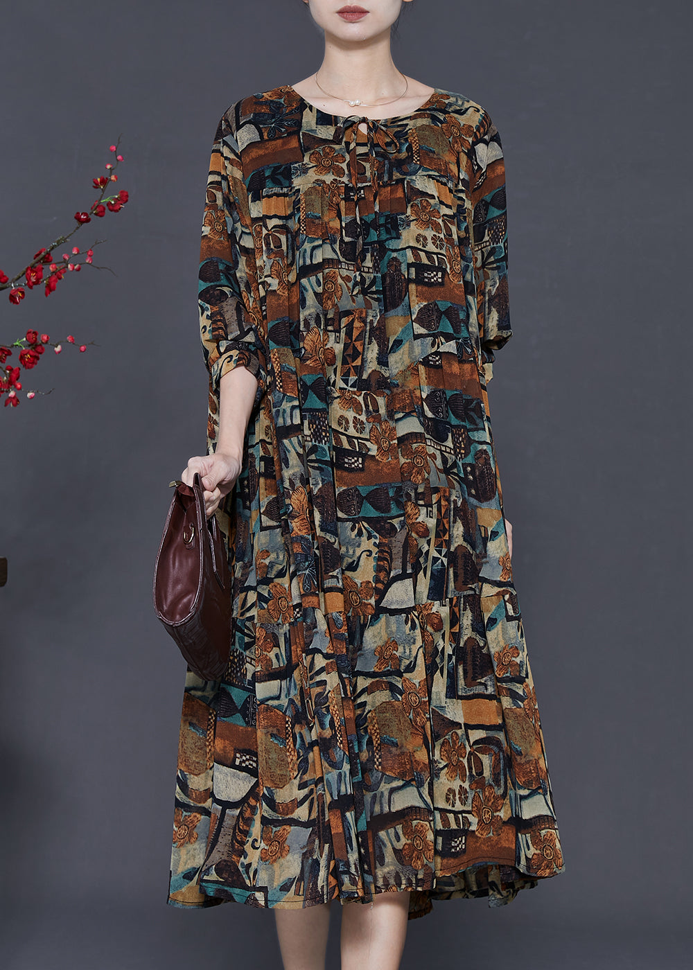 Brown Oversized Print Chiffon Vacation Dresses Fall