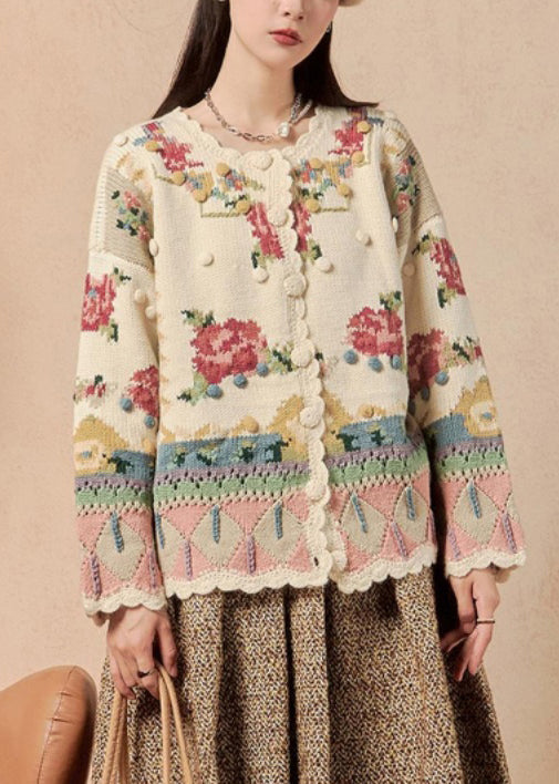 Beige Button Patchwork Knit Coats Winter