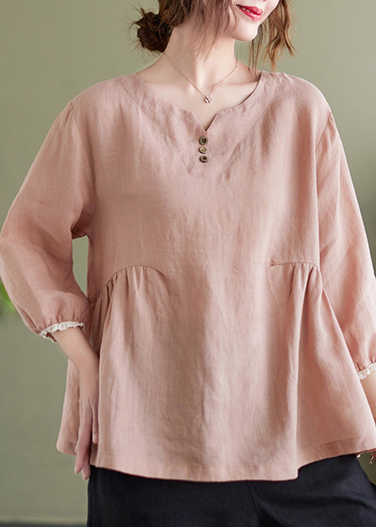 Brief Pink O-neck Wrinkled Button Top Long Sleeve