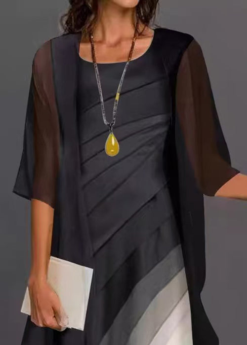 Black O-neck Cardigans and Dress Two Pieces Set Half Sleeve