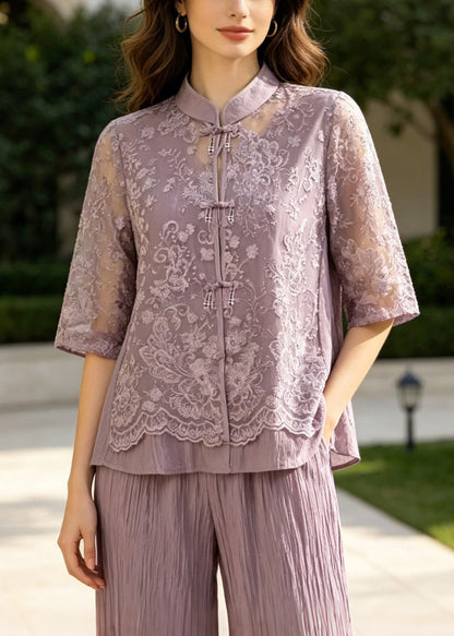 Purple Patchwork Lace Sets 2 Pieces Mandarin Collar Summer