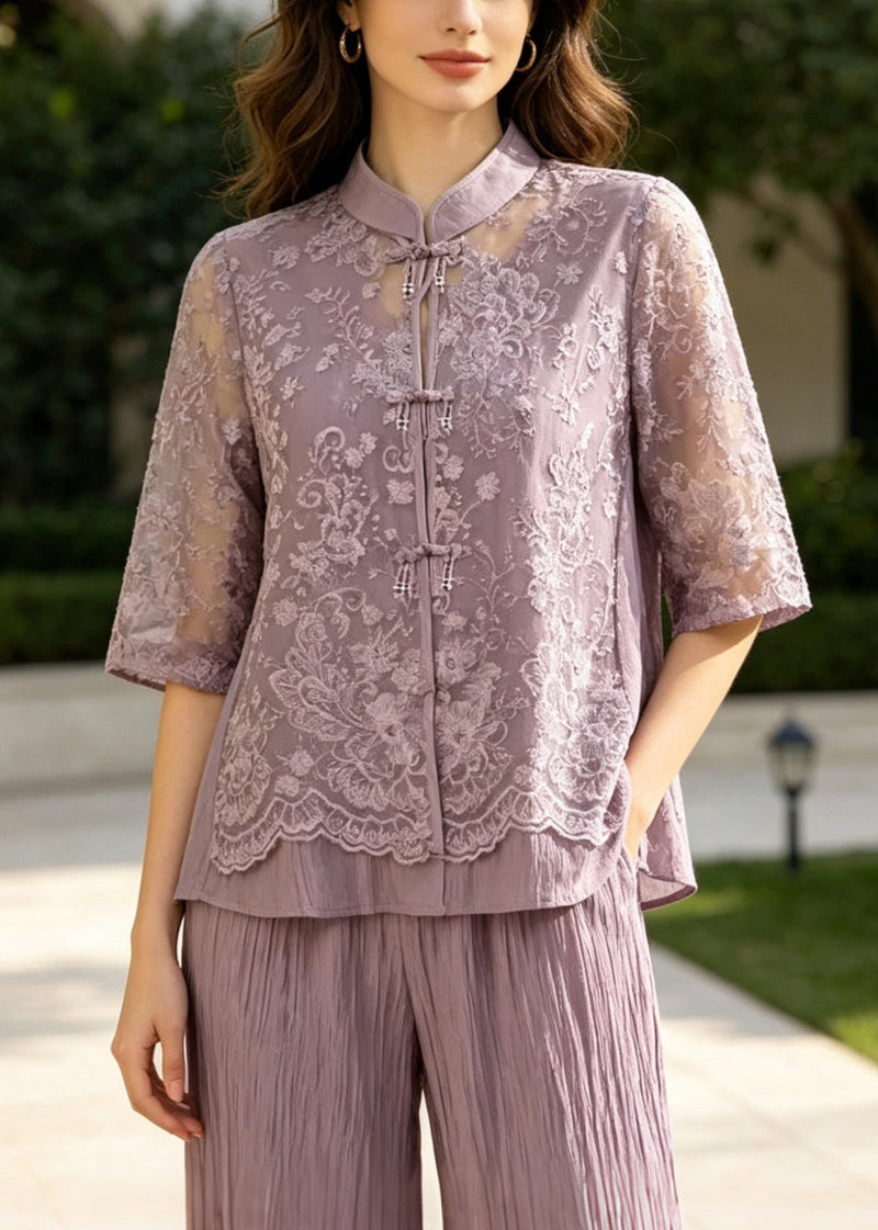 Purple Patchwork Lace Sets 2 Pieces Mandarin Collar Summer