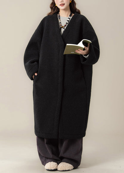 Black Hooded Zippered Patchwork Teddy Faux Fur Coat Winter