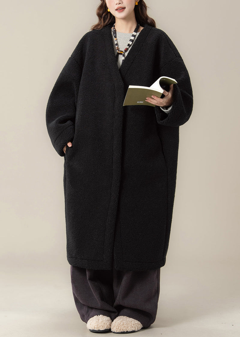 Black Hooded Zippered Patchwork Teddy Faux Fur Coat Winter