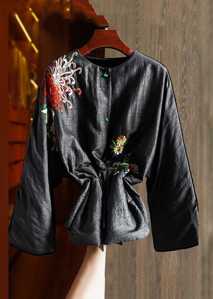 Black Embroideried Button Silk Velour Parka Winter