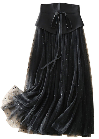 French Black Cinched Dot Tulle Skirts Spring
