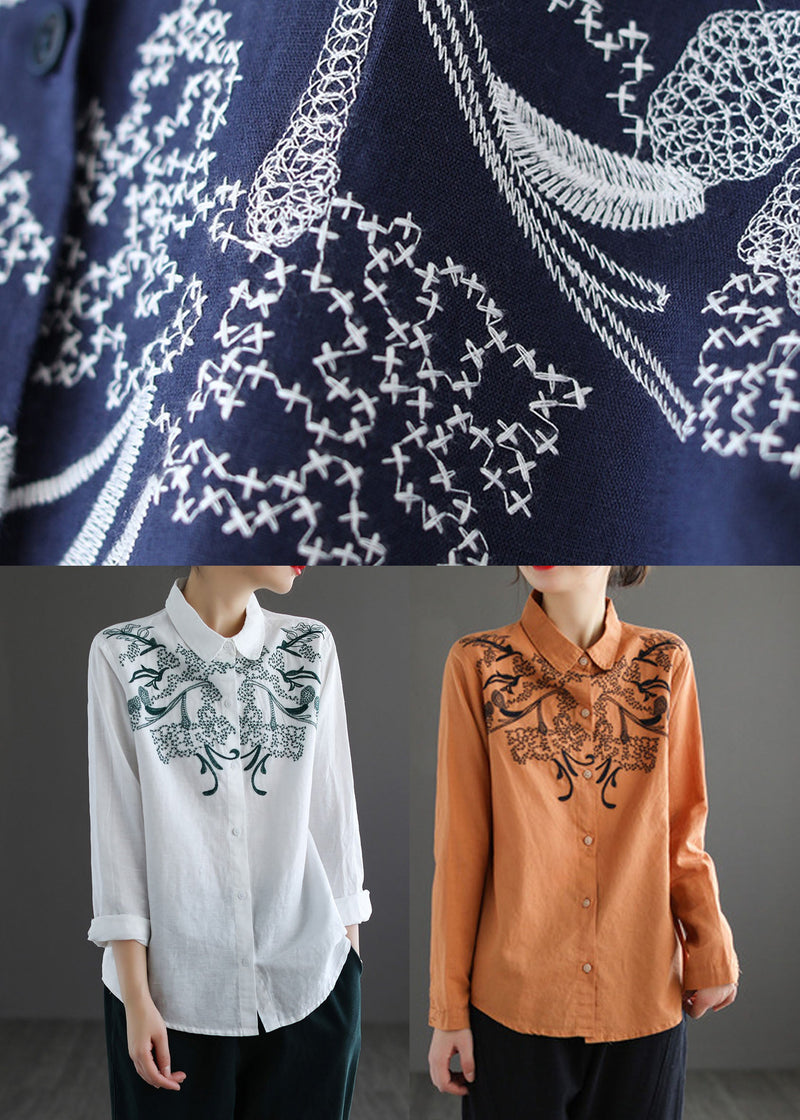Orange Turn-down Collar Embroideried Cotton Shirt Top Long Sleeve
