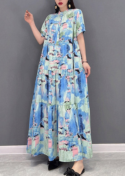 Stand Collar Button Wrinkled Print Chiffon Vacation Dress Short Sleeve