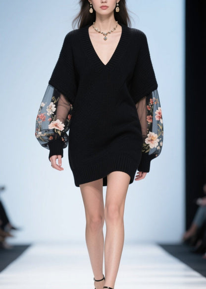 Black V Neck Tulle Patchwork Knit Sweater Fall