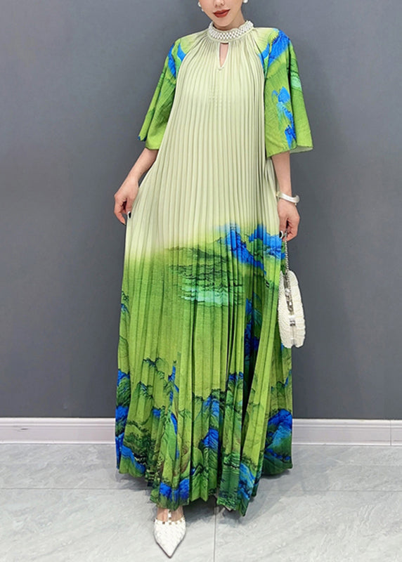 Green Turtleneck Print Tie Waist Maxi Dress Half Sleeve