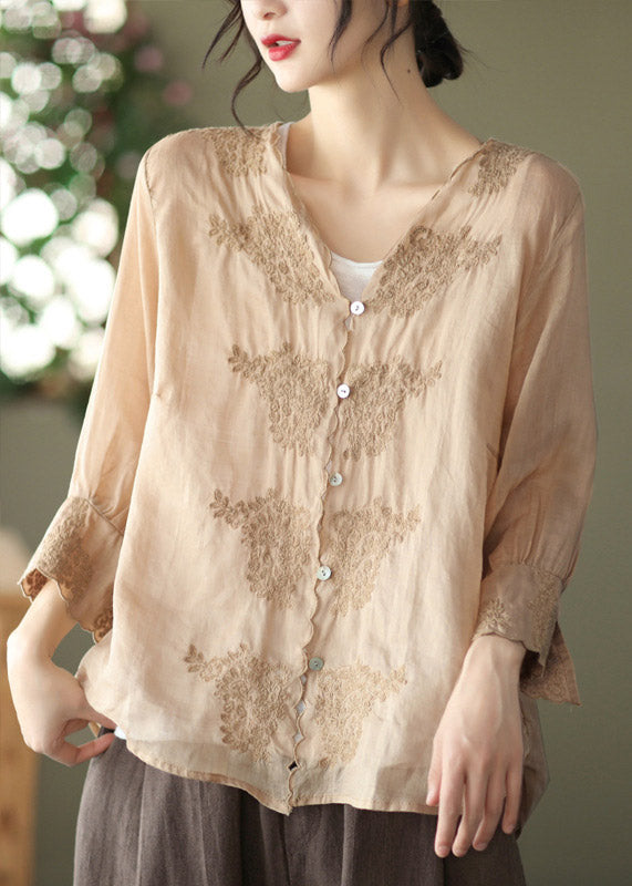 Khaki V Neck Embroideried Linen Shirt Long Sleeve