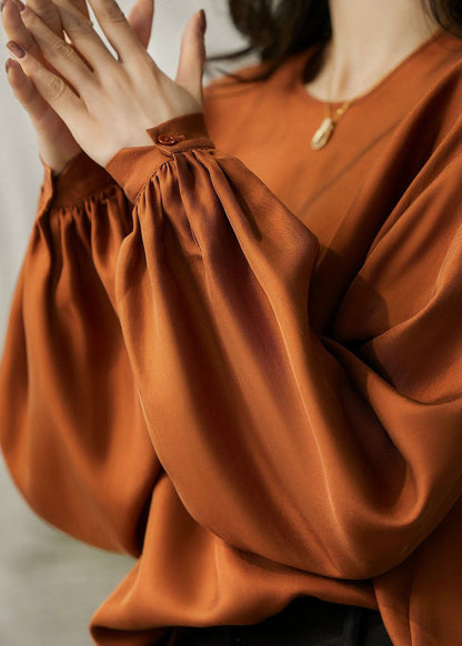 Caramel O-neck Oversized Draping Fine Silk Top Spring
