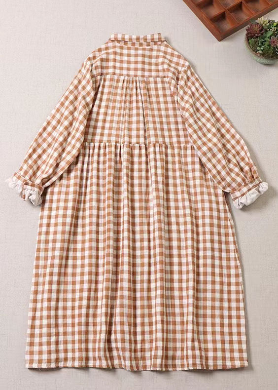Orange Ruffled Pockets Plaid Dress Spring